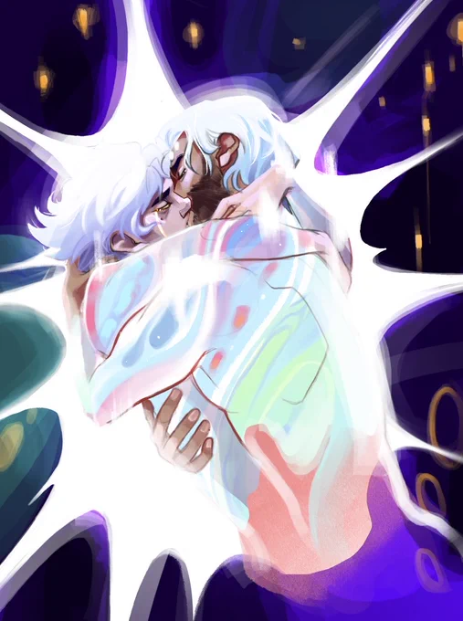 A digital drawing of Jayce and Viktor embracing while in the arcane. The colors around them are vibrant and abstract. Viktor has his arms wrapped around Jayce’s shoulders, and Jayce has his wrapped tightly around Viktor’s waist. They are kissing deeply.