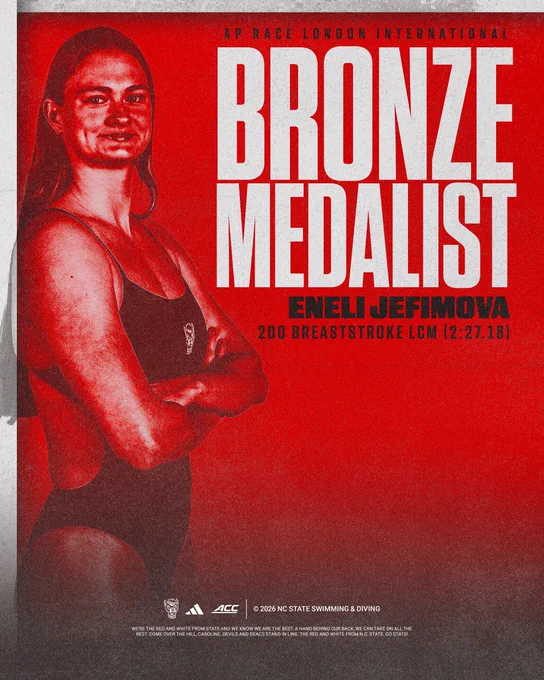 Graphic of Eneli Jefimova winning bronze in the 200 breaststroke long course meters at the AP Race London International meet. This swim was good for the third fastest 200 breaststroke long course swim in program history!