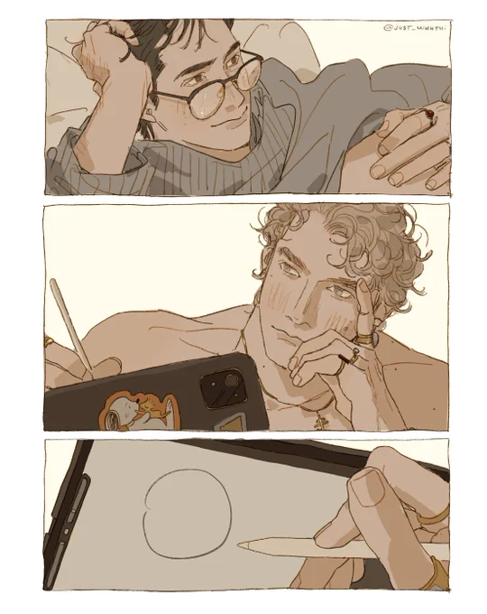 A digital drawing in three panels of Shane Hollander and Ilya Rozanov from the TV series Heated Rivalry. They recreate the romantic scene from Titanic in which Jack draws Rose. In this drawing, Ilya is NOT drawing tho (he has, however, drawn a circle).