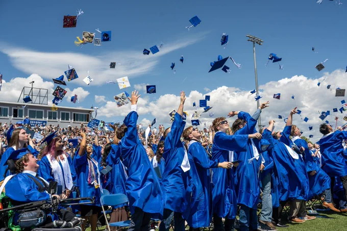 A crowd of graduates in blue gowns tosses decorated graduation caps into the air during a sunny outdoor graduation ceremony while spectators watch from stadium seating.