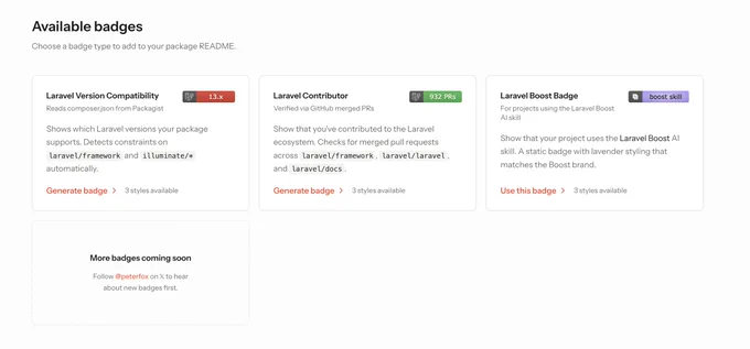 Four Laravel badge options are presented, detailing their functions and styles available for package README integration.