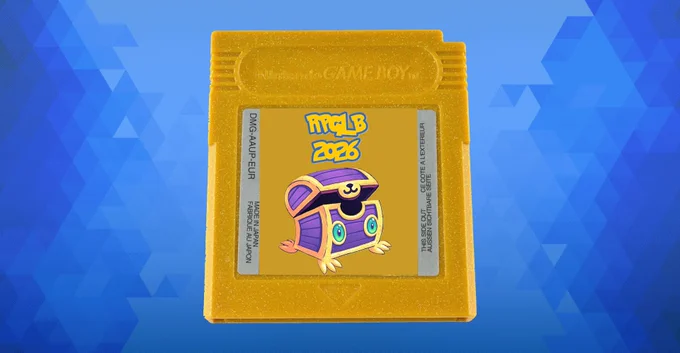 Pokémon gold cartridge edited to display Mimi instead of Ho-Oh and a pokémon style RPGLB 2026 logo above