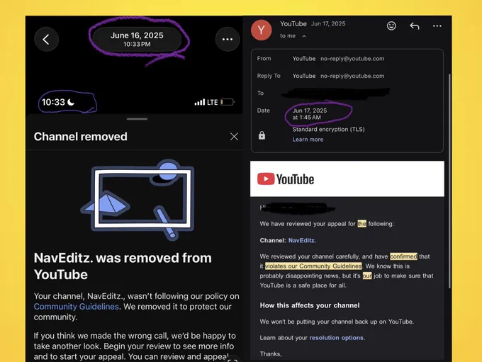 Screenshot of YouTube's appeal rejection email, showing my second appeal was submitted on June 16th at 10:30 PM and rejected just roughly 3 hours later on June 17th at 1:45 AM. This lightning speed proves the review was done by automated bots, not human eyes.