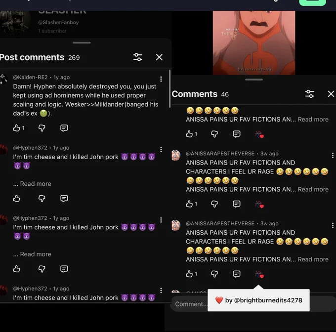 Screenshot showing active spam and harassment accounts operating freely on YouTube. This highlights a clear double standard, as these malicious accounts face no penalties while my clean channel was terminated overnight without warning or explanation.