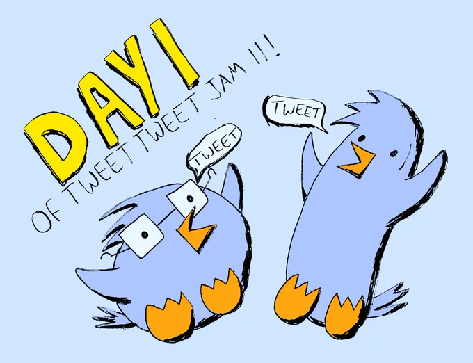 Two cartoon birds jumping, with text reading “Day 1 of TweetTweetJam 11”.