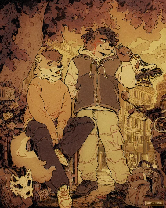Suburbs at sunset. Two characters relax near a tree, with one carrying skates.