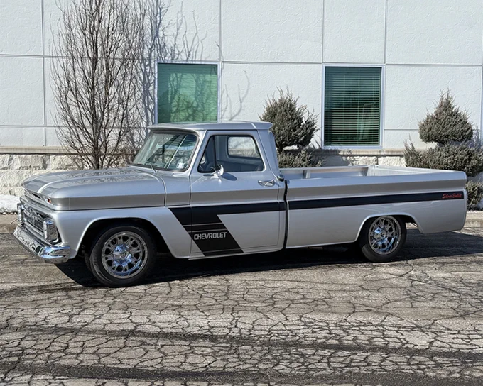 Fleetside style that still hits every time. This custom 1966 @Chevrolet #C10 fleetside pickup is powered by a 6.0-liter Vortec V-8 engine with FiTech electronic fuel injection and a 700R4 four-speed automatic transmission.
