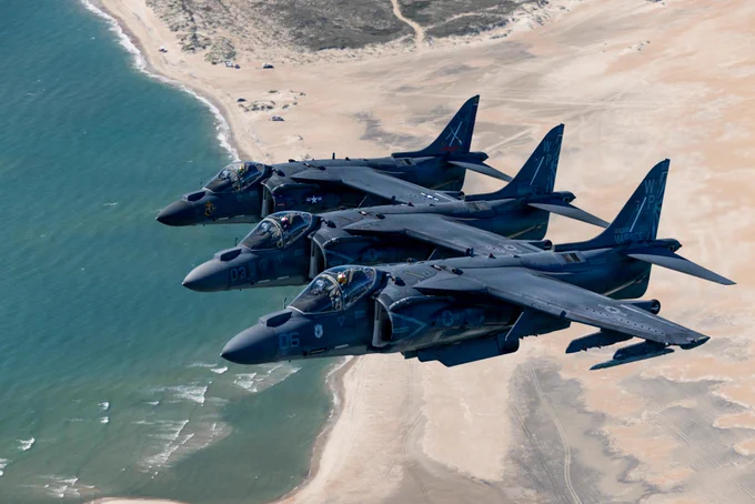 U.S. Marine Corps AV-8B Harrier II aircraft with Marine Attack Squadron (VMA) 223, Marine Aircraft Group 14, 2nd Marine Aircraft Wing, fly over the coast of North Carolina, May 15, 2026. The \u201Csundown\u201D of the AV-8B Harrier II, an iconic aircraft that has supported joint and Marine Corps operations for over 40 years, also represents the dawn of a new era; it paves the way for 2nd MAW\u2019s full transition to the F-35B and C Lightning II. (U.S. Marine Corps photo by Lance Cpl. Perri Wood)