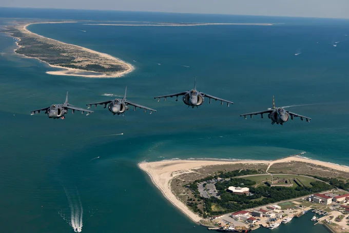U.S. Marine Corps AV-8B Harrier II aircraft with Marine Attack Squadron (VMA) 223, Marine Aircraft Group 14, 2nd Marine Aircraft Wing, fly over Fort Macon State Park, North Carolina, May 15, 2026. The \u201Csundown\u201D of the AV-8B Harrier II, an iconic aircraft that has supported joint and Marine Corps operations for over 40 years, also represents the dawn of a new era; it paves the way for 2nd MAW\u2019s full transition to the F-35B and C Lightning II. (U.S. Marine Corps photo by Lance Cpl. Perri Wood)
