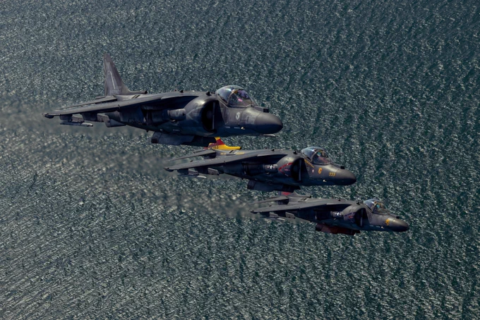 U.S. Marine Corps AV-8B Harrier II aircraft with Marine Attack Squadron (VMA) 223, Marine Aircraft Group 14, 2nd Marine Aircraft Wing, fly over the coast of North Carolina, May 15, 2026. The \u201Csundown\u201D of the AV-8B Harrier II, an iconic aircraft that has supported joint and Marine Corps operations for over 40 years, also represents the dawn of a new era; it paves the way for 2nd MAW\u2019s full transition to the F-35B and C Lightning II. (U.S. Marine Corps photo by Lance Cpl. Perri Wood)