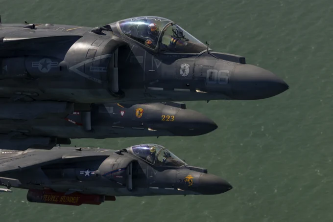 U.S. Marine Corps AV-8B Harrier II aircraft with Marine Attack Squadron (VMA) 223, Marine Aircraft Group 14, 2nd Marine Aircraft Wing, fly near the coast of North Carolina, May 15, 2026. The \u201Csundown\u201D of the AV-8B Harrier II, an iconic aircraft that has supported joint and Marine Corps operations for over 40 years, also represents the dawn of a new era; it paves the way for 2nd MAW\u2019s full transition to the F-35B and C Lightning II. (U.S. Marine Corps photo by Lance Cpl. Perri Wood)