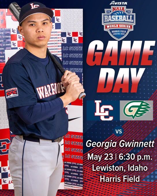 LC State baseball player next to game day graphic.