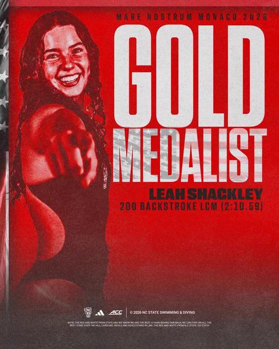 Graphic of Leah Shackley, with a time of 2:10.59, Shackley takes home gold in the 200 backstroke on day 1 at the Mare Nostrum swim tour!