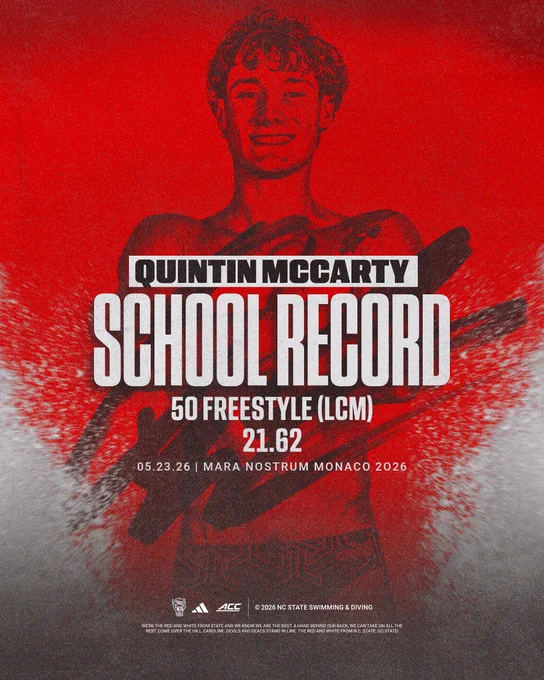 Graphic of Quintin McCarty as he breaks the 50 freestyle (LCM) school record on day one at the Mara Nostrum Monaco Swim tour!
