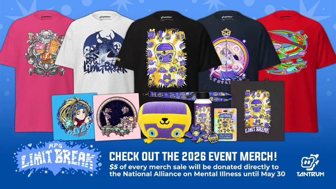 A display of various Tantrum merchandise available during RPG Limit Break 2026, such as Rikku from Final Fantasy X-2, Mimi the Mimic, and more.