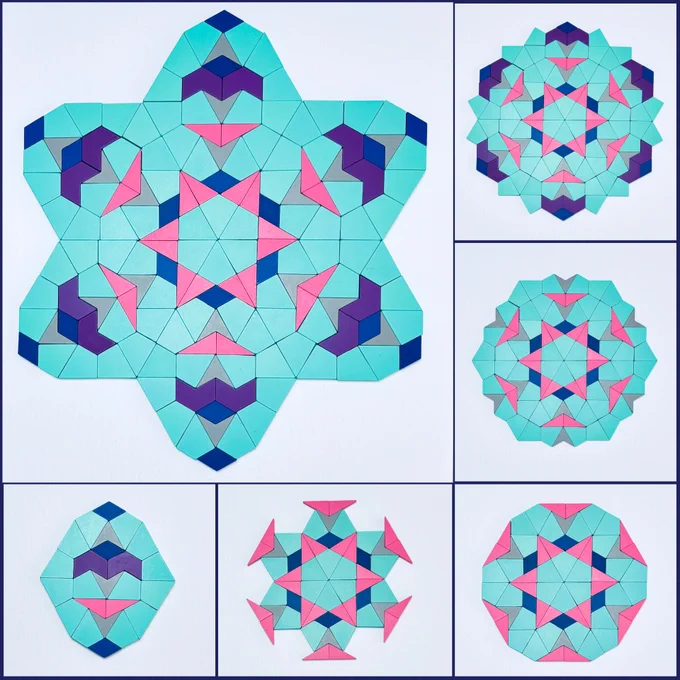The main image shows a radial design created with 21st Century Pattern Blocks. It was built by arranging six octagons around a central star. The central star is made of six teal kites and twelve pink triangles. The first image along the bottom shows the octagon used in the design. The octagon is made of two pink triangles, two purple hexagons, three gray darts, three blue rhombuses, and fourteen teal kites. It also shows various stages of the design along the bottom and on the right side of the image.
