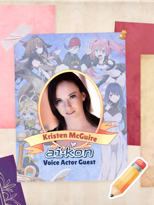 ID: Ai-Kon Guest announcement for Kristen McGuire! The image includes their headshot as well as characters they have voiced including Akane from Oshi No Ko and Penny from Pokemon.