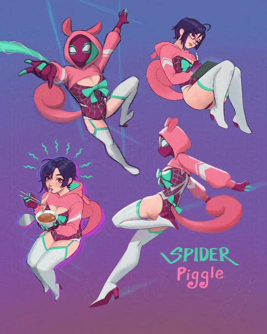A Spider sona called Spider Piggle in various poses. One is attached to the wall, one is sitting and drawing in her tablet, one is eating instant noodle while her spidey senses are triggered, one is in an action pose while moving through the air.