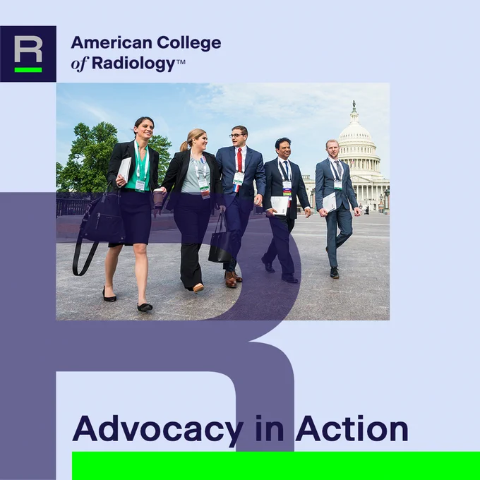 A group of five professionals walking together outside, with the United States Capitol building in the background. They appear engaged in conversation and are dressed in business attire, each carrying a bag. The image is framed with the American College of Radiology logo and the text "Advocacy in Action."