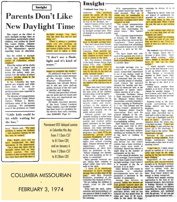 Newspaper article from Missouri in 1974. Permanent DST changed sunrise from 7:28am CST to 8:28am CDT. Headline “Parents Don’t Like New Daylight Time”.