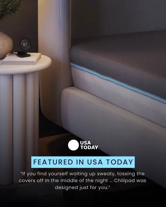 A stylish bedroom setting showcasing a mattress designed to regulate temperature, highlighted by a 67-degree thermostat. The image promotes a cooling mattress product, emphasizing comfort for those who wake up sweating, as featured in USA Today.