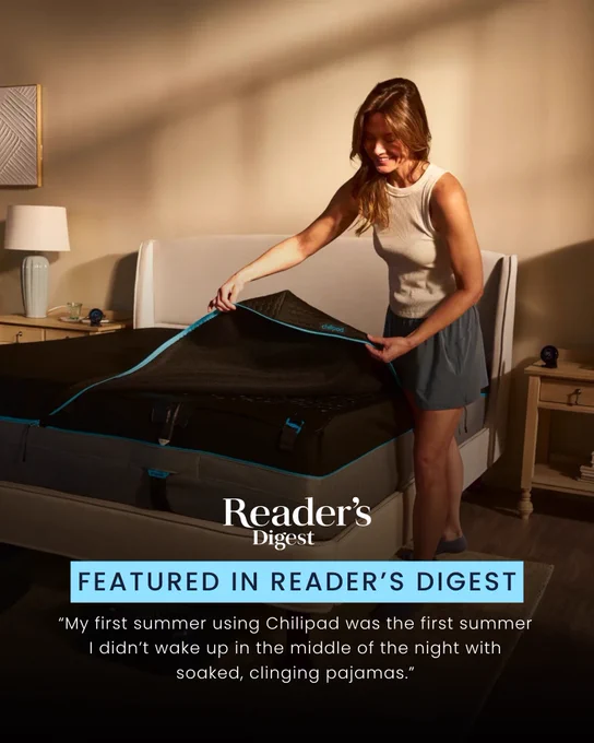 A woman sets up a Chilipad on a bed, smiling in a warmly lit room. The image includes text about her experience featured in Reader's Digest.