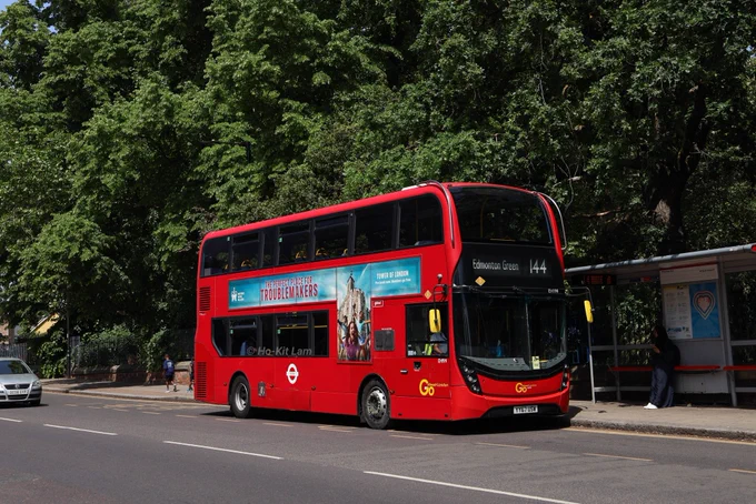 Go Ahead London EH199 (YY67USW) is a red Alexander Dennis Enviro400H MMC and is pictured at Pymmes Park, Silver Street as it headed to Edmonton Green on route 144.