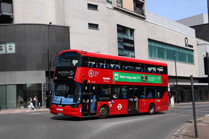 Metroline WDE3221 (LV25XXW) is a red Wrightbus Streetdeck Electroliner and is pictured in North Finchley as it completes a journey at North Finchley, Tally Ho! on route 134.