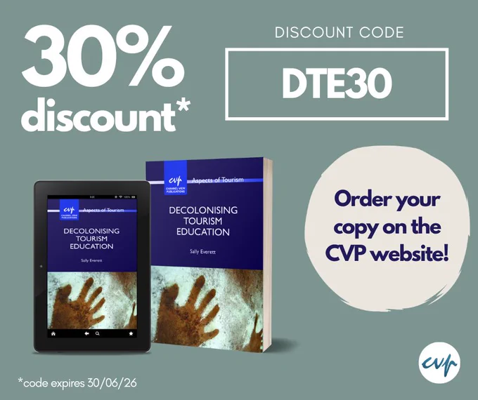 Tablet and cover of "Decolonising Tourism Education" by Sally Everett. 30% off with code DTE30 on the CVP website until 30/06/2026.