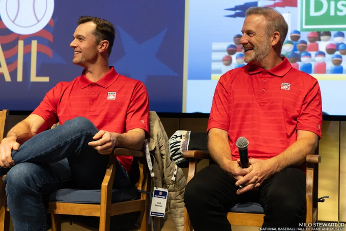 David Robertson, left, and Ryan Dempster wear matching red Hall of Fame polos as they participate in a panel discussion. (Milo Stewart Jr./National Baseball Hall of Fame and Museum)