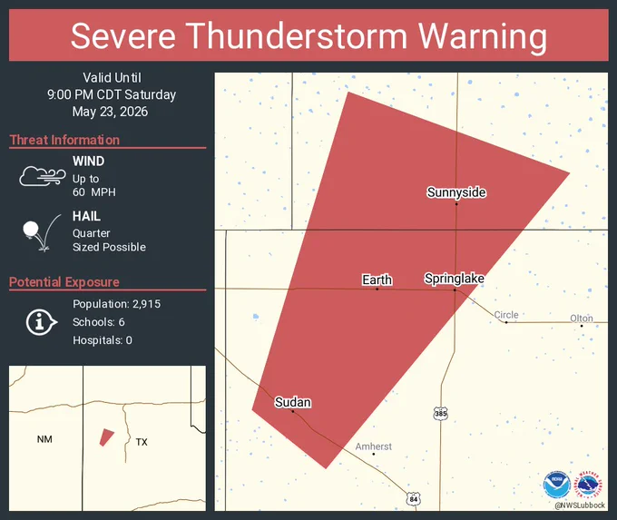 This graphic displays a severe thunderstorm warning plotted on a map. The warning is in effect until 9:00 PM CDT. The warning includes Earth TX, Sudan TX and Springlake TX.  This warning is for Southwestern Castro County in the Panhandle of Texas and Northwestern Lamb County in northwestern Texas. The threats associated with this warning are wind gusts up to 60 MPH and quarter sized hail. There are 2,915 people in the warning along with 6 schools and 0 hospitals.