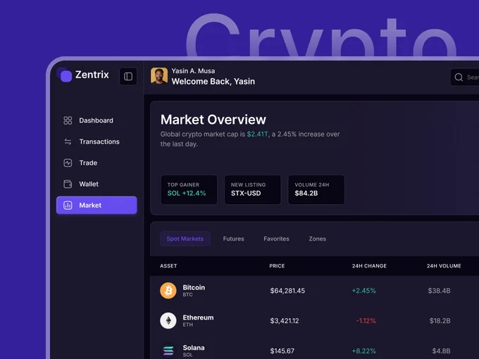 Modern dark-themed crypto exchange dashboard UI showing market overview, cryptocurrency prices, trading statistics, and spot market data for Bitcoin, Ethereum, and Solana with a clean and futuristic Web3 interface.