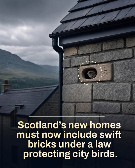 Scotland will require swift bricks in all new buildings after MSPs backed a law to help endangered cavity-nesting birds. The move aims to support declining swift populations, which have fallen sharply since 1995, by creating safe nesting spaces in modern homes. Campaigners praised the decision and urged the rest of the UK to follow, saying low-cost bricks can make a vital difference for wildlife.