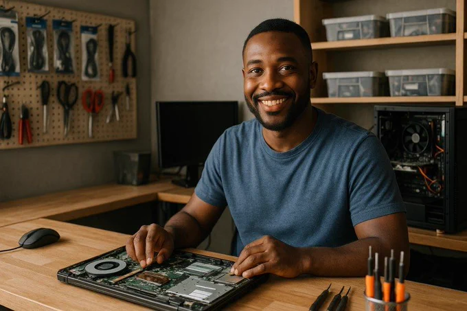 Person working on a computer while addressing SwiftTech Solutions