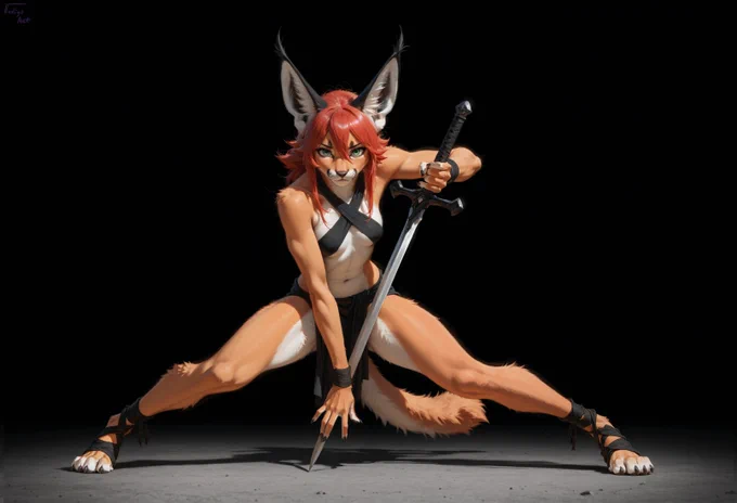 A stylized anthropomorphic fox woman with red hair, green eyes, and large pointed ears crouches in a wide, low fighting stance against a dark black background. She wears black wrap-style clothing and sandals, with a fluffy fox tail behind her. One hand grips a sword angled downward toward the floor while her other hand braces near the blade, giving the pose an intense, ready-to-strike look.