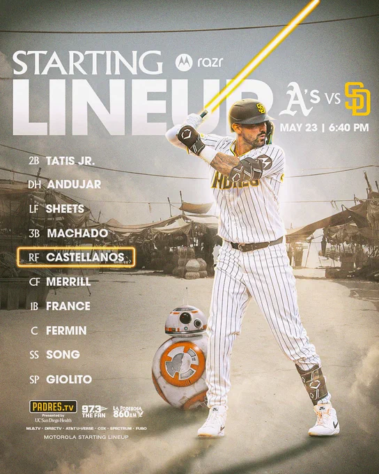 Motorola Starting Lineup | A’s (logo) vs Padres (logo) | May 23 | 6:40 PM. Today’s lineup is set in a galaxy far, far away where Nick Castellanos is featured holding a light saber as BB-8 watches on. Today’s lineup is listed on the left of the graphic: 2B Tatis Jr., DH Andujar, LF Sheets, RF Castellanos, CF Merrill, 1B France, C Fermin, SS Song, SP Giolito. Below the lineup is today’s tune-in information: Padres.TV, 97.3 FM The Fan, La Poderosa 860 AM, MLB.TV, DIRECTV, AT&T U-Verse, Cox, Spectrum, Fubo. 
