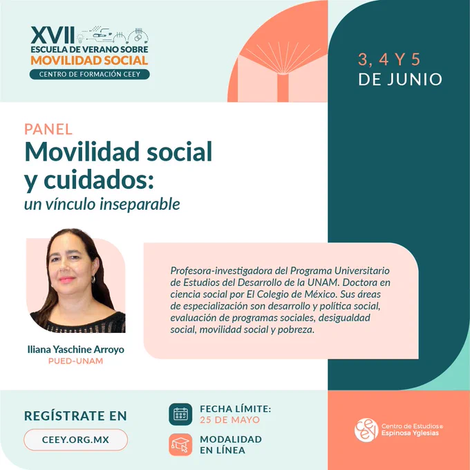 Cartel de la XVII Escuela de Verano sobre Movilidad Social con panel sobre movilidad social y cuidados, fechas 3, 4 y 5 de junio.