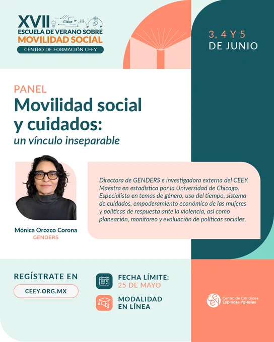 Anuncio del panel 'Movilidad social y cuidados' con foto de Mónica Orozco Corona y detalles del evento en línea del 3 al 5 de junio.