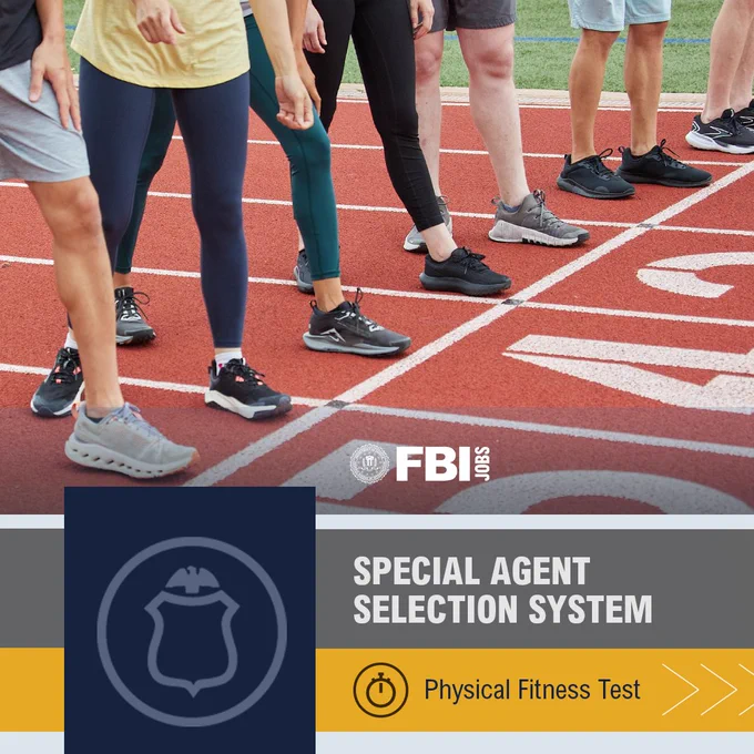 Group of people running on a track. Special Agent Selection System. Physical Fitness Test. FBI Jobs logo.
