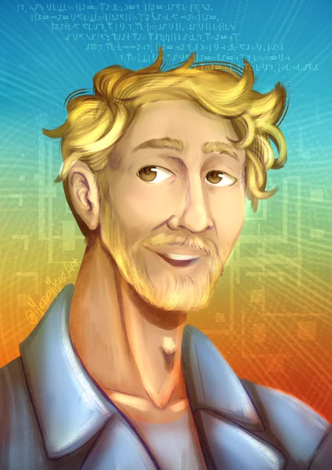 A digital painting of Jimmy. He's looking off to the side, smiling with his mouth open. He is wearing his usual denim jacket and white shirt. The background looks like a glitched out sunset. There is Galactic Standard text above him.