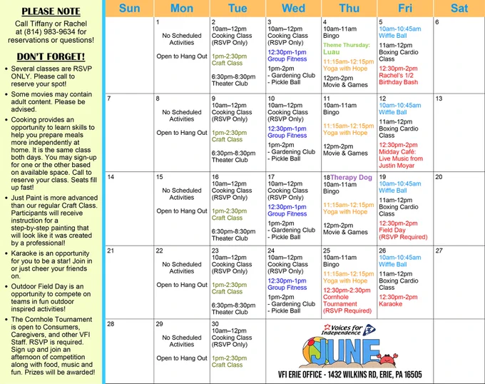 This is an image of the VFI Erie Office activities calendar for the month of June 2026. For more information, RSVPs, or questions, please call Tiff or Rachel at (814) 983-9634. If you would like a text-based version of the calendar, please contact sjohnson@vficil.org and we will send one over in the format of your choosing (PDF, Word doc, etc).