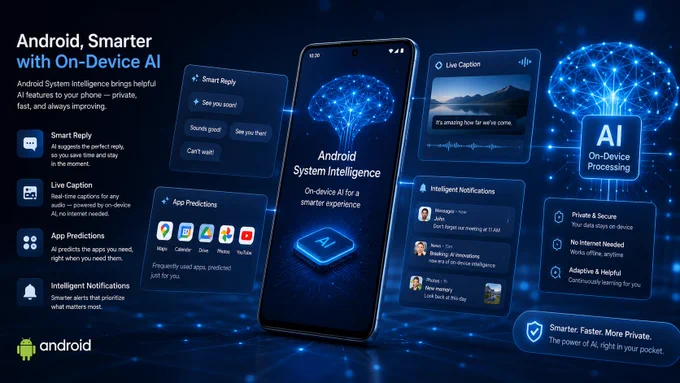 Android ad showing a phone and glowing AI brain, with panels for Smart Reply, Live Caption, app predictions, and private on-device AI.