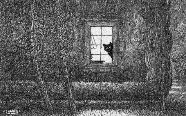 “The Yearning for Adventure”
giclée art print 

Hark! What was that?!
Our feline friend has heard mysterious noises emanating from out in the garden. Were the sounds an ‘it’ or a ‘them’? She thinks she sees shadowy shapes dart across the lawn and slither through the shrubbery. The poor cat is trapped indoors. All she wants is to leap through that window into a moonlit landscape of wild curiosity filled with unknown and unseen excitements - and perhaps an exploit or two of good old mischief.