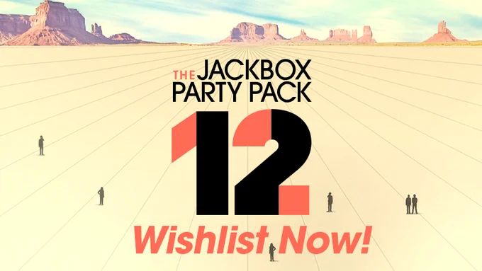 The Jackbox Party Pack 12 logo and text "wishlist now!" over a stylized desert landscape