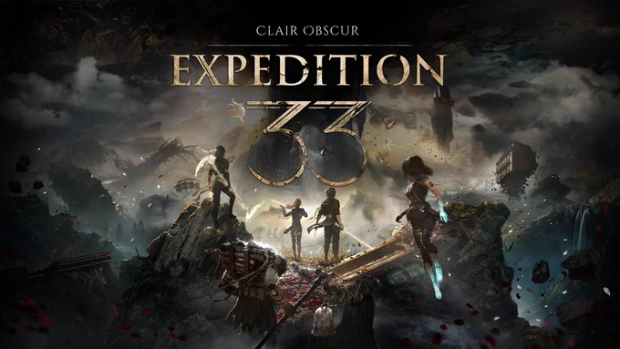 Promotional art for Clair Obscur: Expedition 33. Featuring the game's main protagonists standing on a rocky outcropping and looking at a landscape of mountains, trees, and floating buildings in the background.
