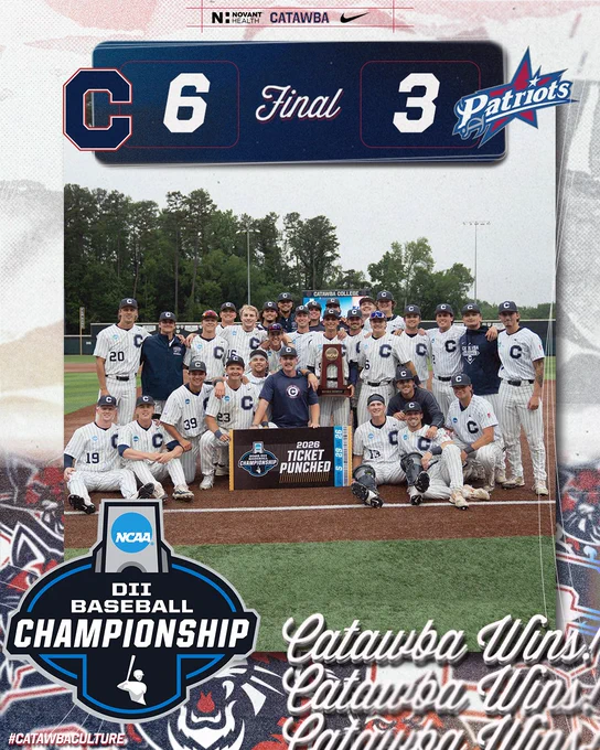 Graphic depicting Catawba Baseball's 6-3 win over Francis Marion to advance to the DII Baseball National Championships. Pictured is the team with their region championship trophy.