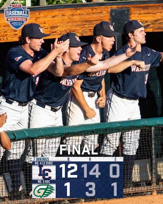 Lc state players celebrating with the final score graphic down below