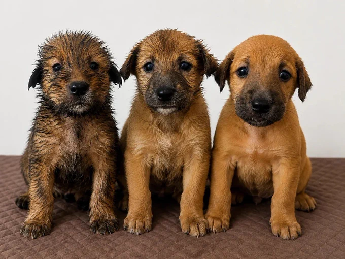 Three adorable one-month-old Indian indie puppies (one male and two females) sitting side by side on a brown surface, looking directly at the camera. The puppies have soft brown fur, some with darker wet-looking patches, and big expressive eyes.