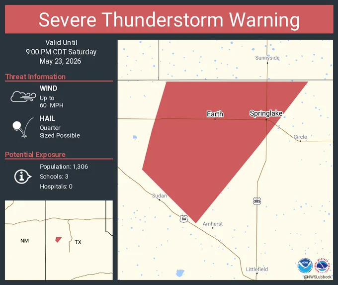 This graphic displays a severe thunderstorm warning plotted on a map. The warning is in effect until 9:00 PM CDT. The warning includes Earth TX and Springlake TX.  This warning is for Southwestern Castro County Is Cancelled. The threats associated with this warning are wind gusts up to 60 MPH and quarter sized hail. There are 1,306 people in the warning along with 3 schools and 0 hospitals.