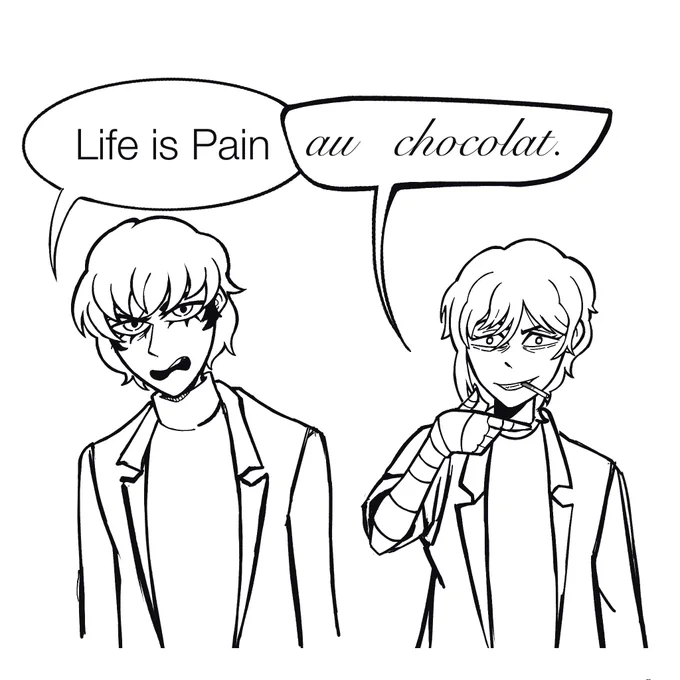 Profile drawing of Dante and Jean standing side-by-side. In the foreground each has a text bubble above them. Dante’s text bubble says, “Life I pain”. Jean’s text bubble overlaps Dante’s with “Au Chocolates.” To make the word play “Life is Pain au chocolates”.
